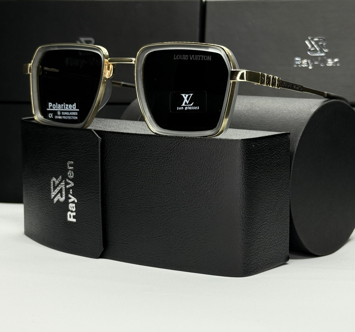 Polarized LV Elite - نظارة شمسية مربع فاخرة - عدسات مستقطبة |41| إطار أسيتات بمفصلات سوستة